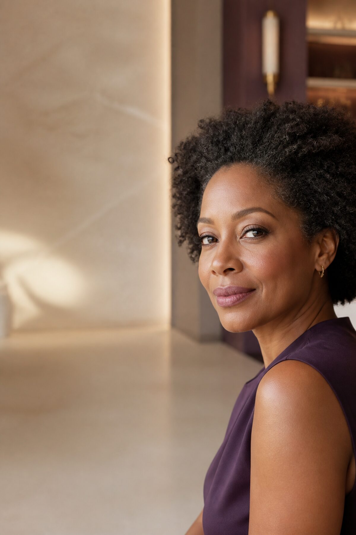 Woman with healthy, glowing skin in a warm, softly lit room